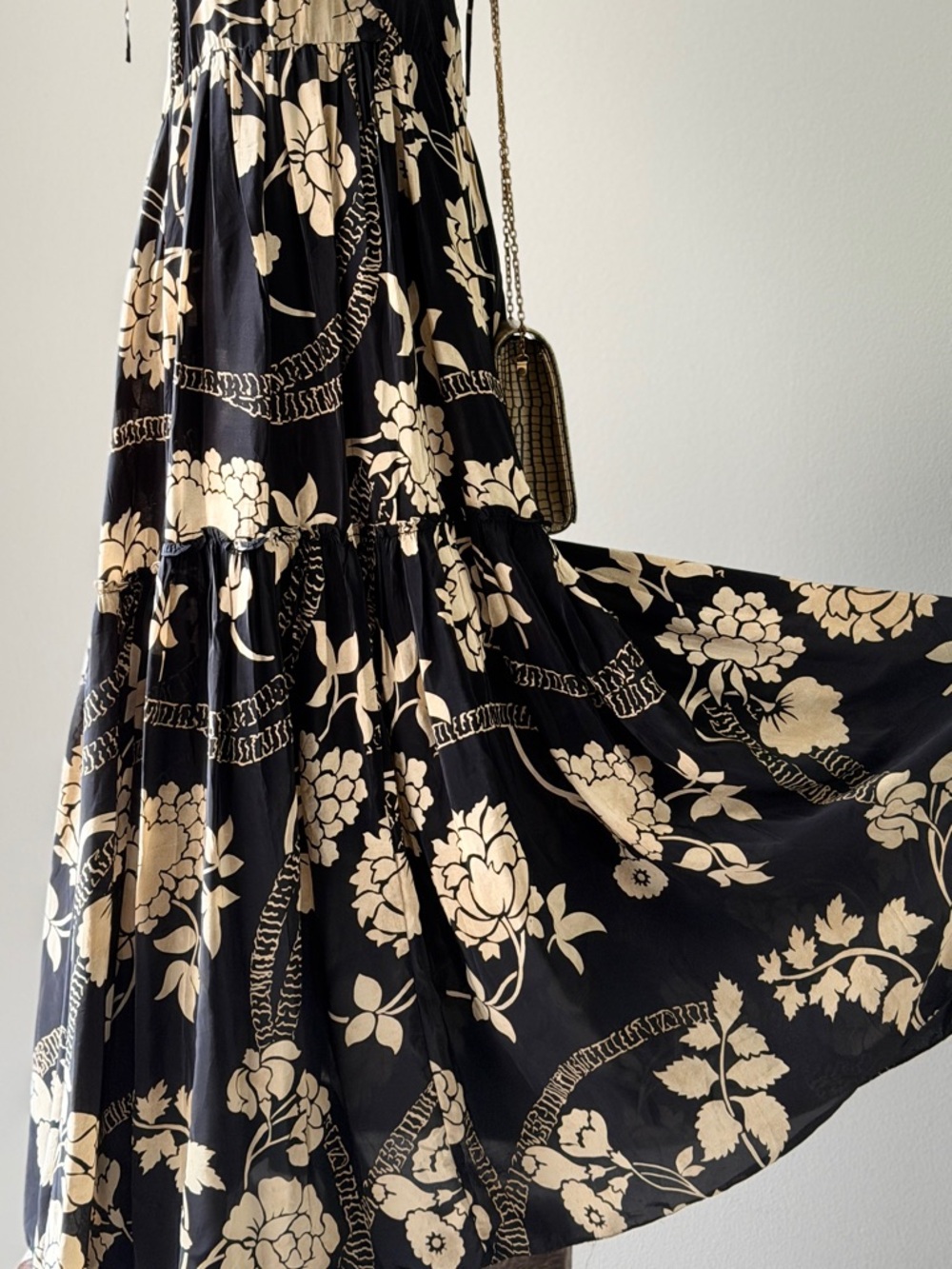 Mango Black and Cream Floral Tiered Maxi Dress